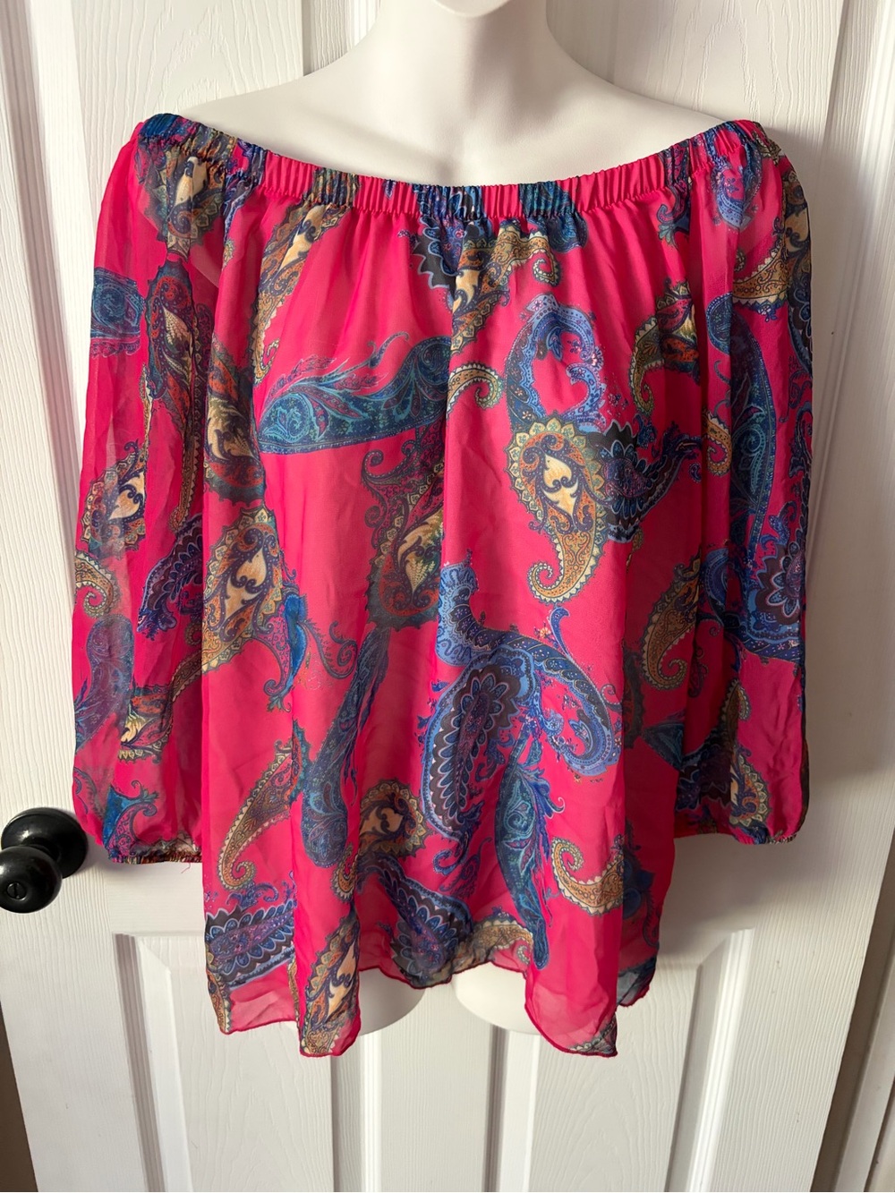 Sweat Pea From NY & Co Hot Pink Paisley Boho Off The Shoulder Blouse Women’s L
